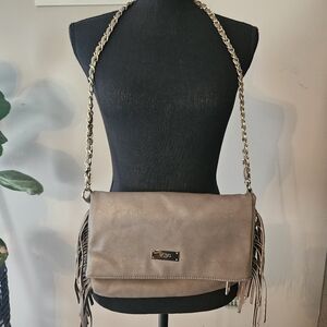 BCBG Paris Fringe Grey Flap Shoulder Bag